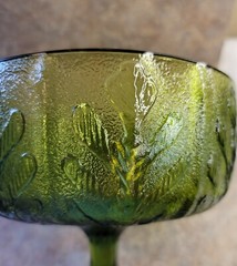 Vintage FTD 1975 Green Glass Goblet Embossed Leafing