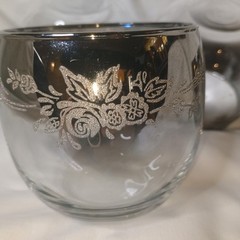 Vtg MCM Queens Luster wear Silver Fade Roly Poly Glasses Floral Rose Set Of 4