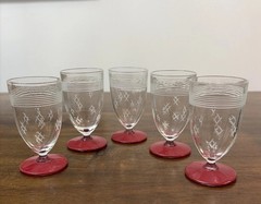 Vintage European cordial Glasses Ruby Red Enamel footed Etched Diamond Five