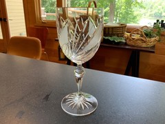 WINE GLASS w/ BALL & 6 SIDED STEM STAR FOOT SWIRL CUTS FROSTED PANEL EX COND
