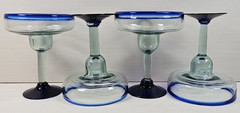 (4) Pier 1 Cobalt Rim Margarita Glasses Set Hand Blown Drinking Stemware Bar Lot