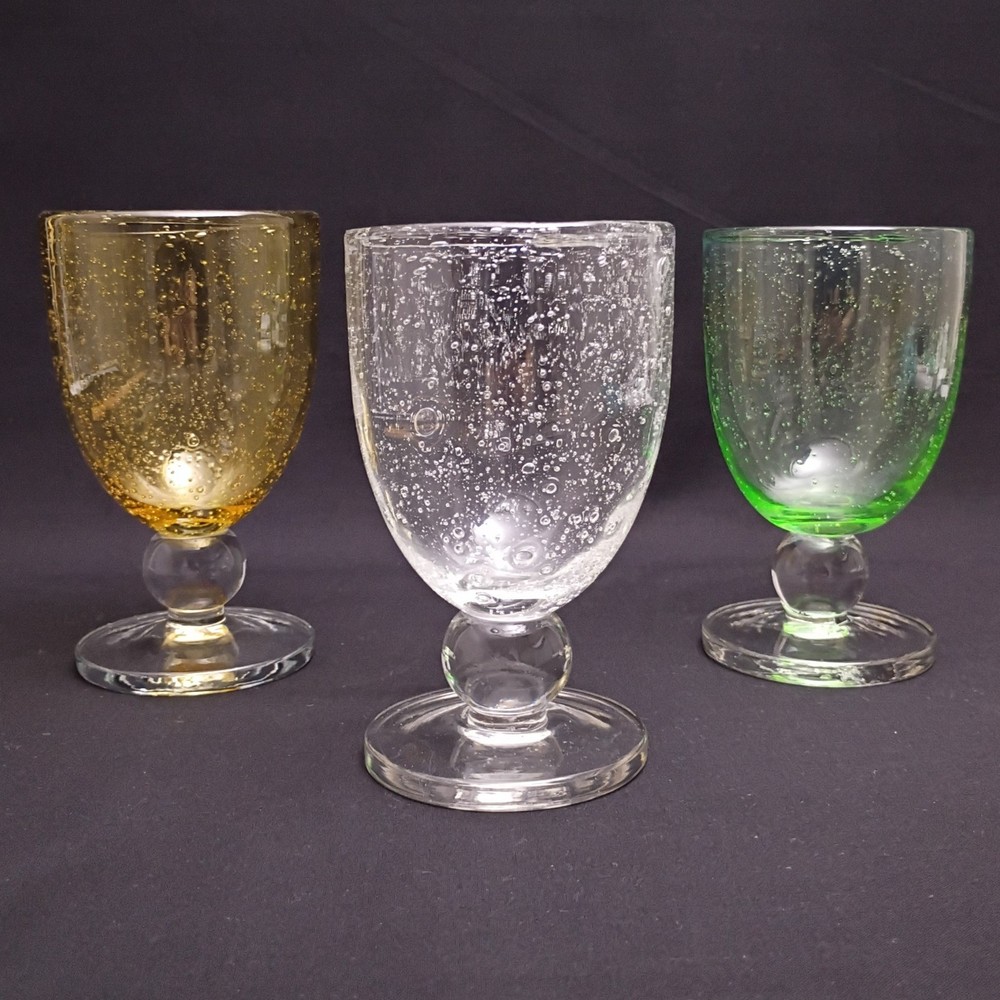 Tag LTD Bubble Blown Glass Water Goblets Green Amber Clear 6 In Tall Set of 3