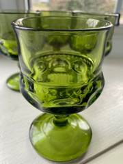 Vintage Green Indiana Glass Kings Crown Thumbprint Goblets Wine Sherry Glasses 4