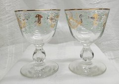 Libbey Marine Life Sherry Glasses Fish Seahorse Gold Aqua – Set of 2 – Vintage