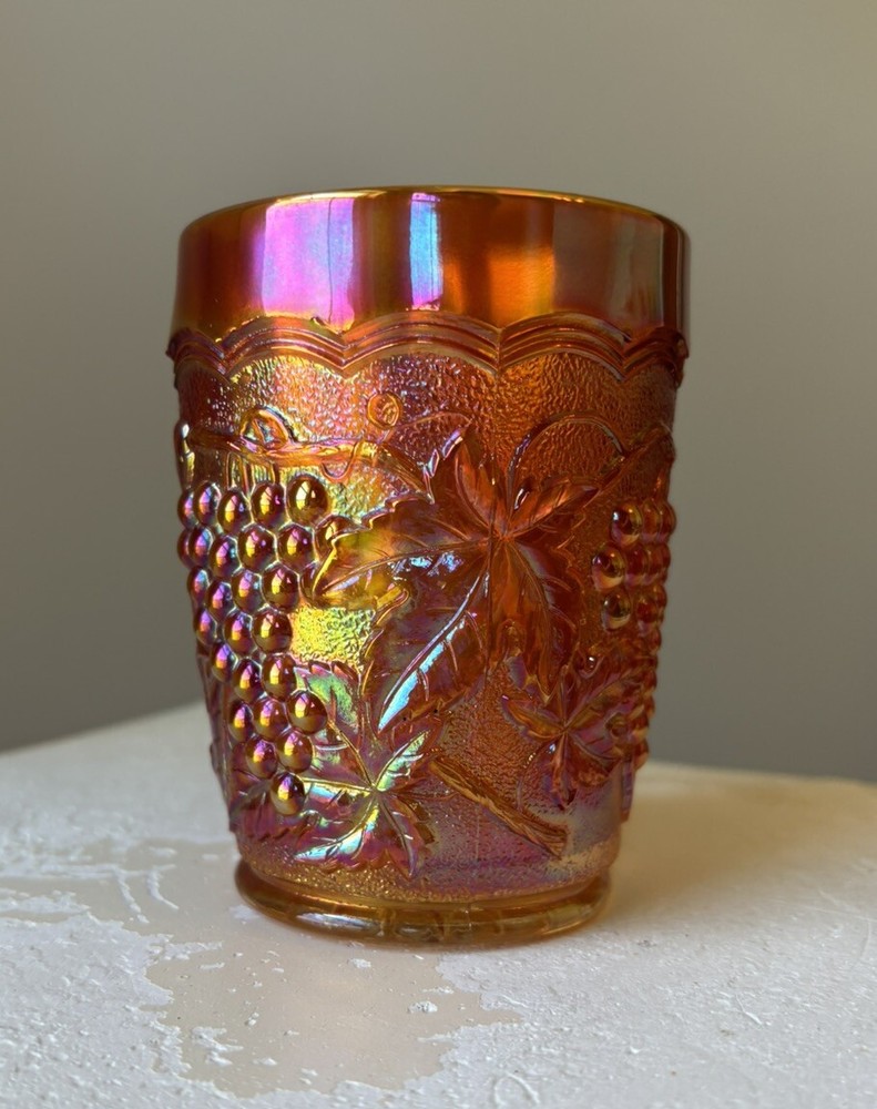 Imperial-Ohio Glass Vtg Iridescent Carnival Orange 10oz Tumbler Grapevine *read