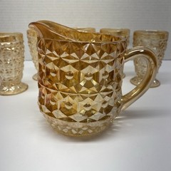 Jeanette Carnival Glass Holiday Buttons & Bows Pitcher & 5 Tumblers