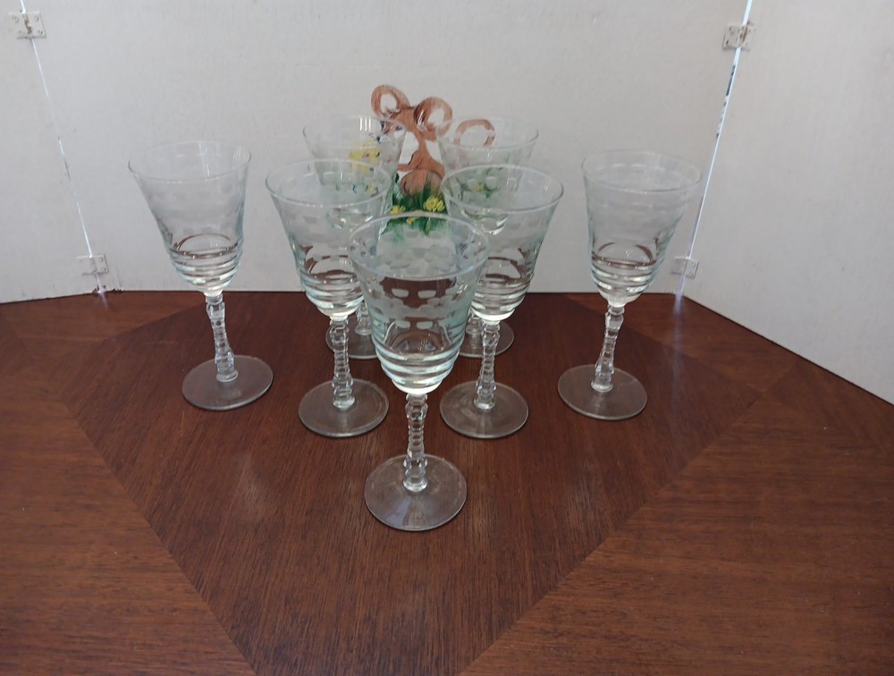 Set of 7 Libbey Rock Sharpe #3005-10 Flower & Lines Cut Water Goblets 7 oz.