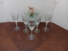Set of 7 Libbey Rock Sharpe #3005-10 Flower & Lines Cut Water Goblets 7 oz.