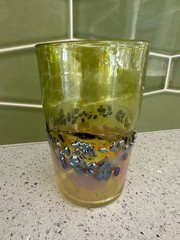 John Barber Art Glass Hand Blown Tumbler / Vase in Green Gold Iridescent Beaded