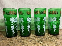Set of 4 Vintage Anchor Hocking Green Drinking Glasses White Grapes Gold Leaves
