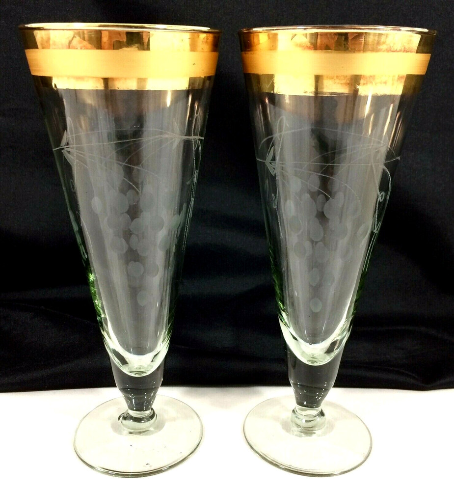 Set 2 Vtg Gold Encrusted Etched Grapes Vine Pilsner Beer Glasses 7 3/4″ 12oz MCM