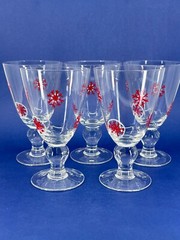 5 Vintage Pedestal water goblets Red snowflake Winter Christmas design 7″H
