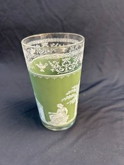 VINTAGE JEANNETTE GLASS GREEN GREEK HELLENIC (5″) 10 oz TUMBLERS (Set of 12)