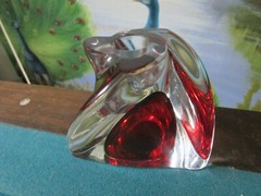 Val St Lambert France Signed Free Form Crystal Clear To Red Pair Candle Stick