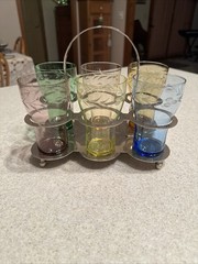 FABERWARE Brooklyn NY Chrome Beverage Caddy Holder w/6 Rainbow Etched Glasses