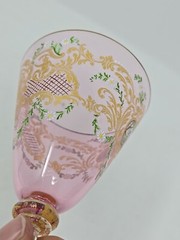 Venetian Enameled Figural Landscape Scene Pink Wine Glass 7 1/4″ #2
