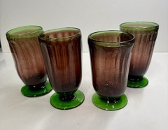 Set Of 4 Hand blown Purple Plum & Green Primitive Pedestal Bubble Glasses 5.75”