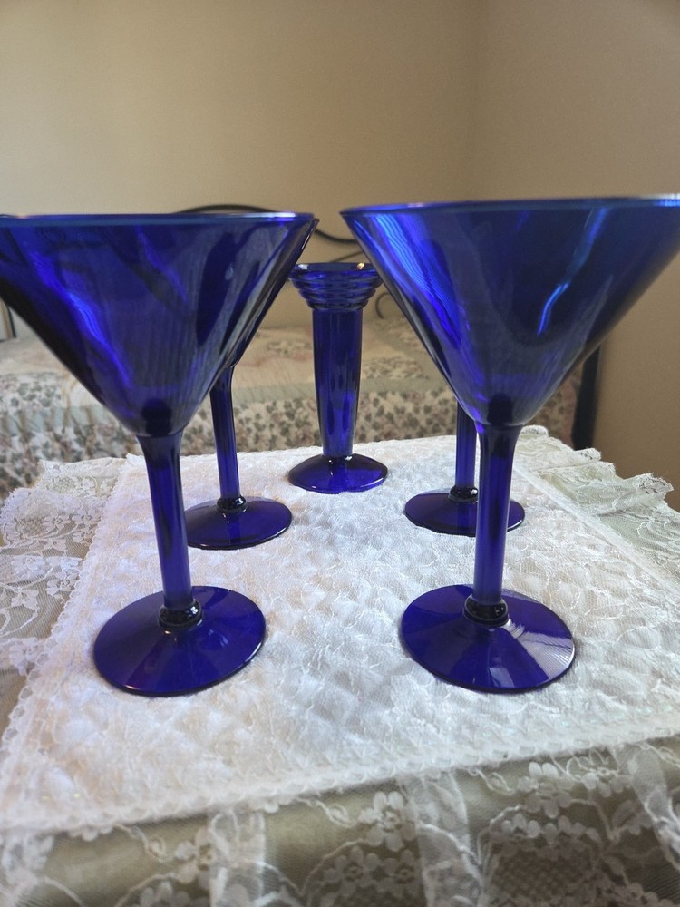 Pier 1 Cobalt Blue 4 Martini Glasses Drinking Bar Ware & Candle Holder Lot Of 5
