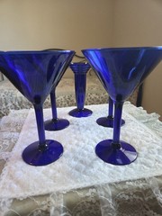 Pier 1 Cobalt Blue 4 Martini Glasses Drinking Bar Ware & Candle Holder Lot Of 5