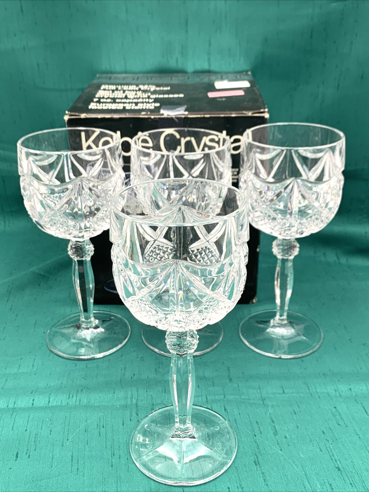 SET(4) VTG Kobe Crystal Diamond Cut 7 oz Wine Goblets W.Germany 6.75″H