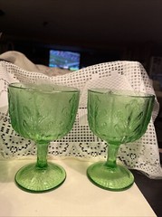 Two Green Goblets Embossed With “Oak Leaves” Pattern FTD 6.5 Inches Tall