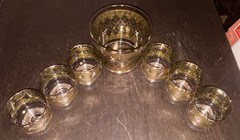 Vintage Set Of 7 Culver Valencia 22K Gold & Green Filigree Lowball Glasses
