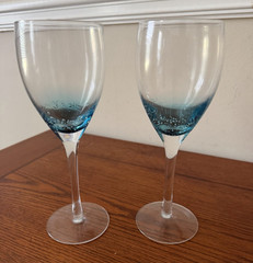 Roscher & Company Teal Blue Air Bubbles Clear Stem Goblets Wine Glasses Set Of 2