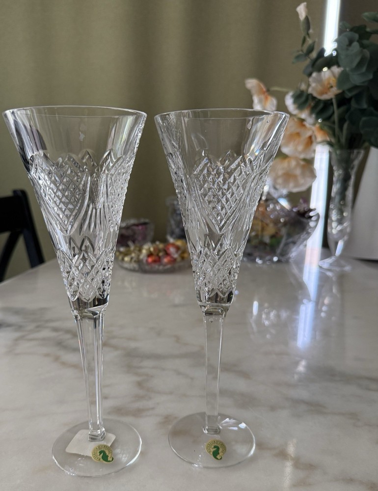 Pair of Waterford Crystal Wedding Heirloom Champagne Flutes 10.25″ Tall – NEW