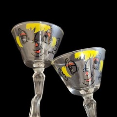 MCM Barware Pair 2 Beau Brummell “Gay Fad” Martini Glasses Vintage Novelty Tipsy
