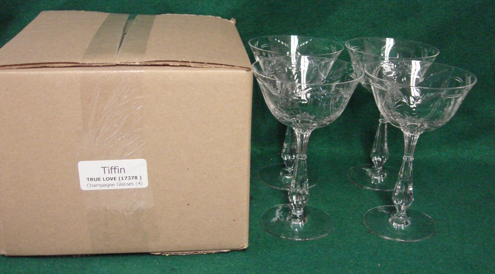 Tiffin TRUE LOVE (17378 ) Champagne Glasses SET OF FOUR More Here MINT IN BOX