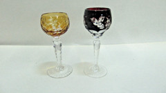 2 RED AND AMBER CUT TO CLEAR 4-1/3 & 4-3/4 GLASSES W/ GRAPE DESIGN CUT STEM