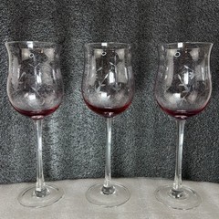 3 LENOX Heather Pink Tulip Wine Glass Blown Glass Clear Stem 8-7/8” Vintage