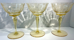 3 Blue Bell Yellow Tiffin-Franciscan Etched Champagne Sherbert 6″ Glasses
