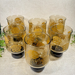Groovy Smokey Brown Tumbler Glasses With Yellow Flowers Set 6 MCM Stackable