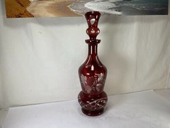 VV58 Large Bohemian Antique Circa 1900 Years Red Hand Cut Glass Bottle For Gift