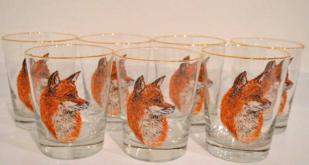 West Virgina Glass Company MCM Fox Pattern Lowball Old Fashion Glass Set of 7