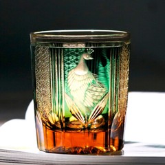Edo Kiriko Glass Hand Carved Peacock Crystal Whisky Glasses Amber Green 8.5oz