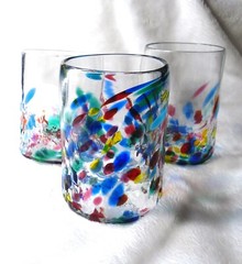 3 pcs Multi-Color Confetti Hand Blown Glass Set Pontil SIGNED Art