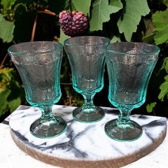 3 Vtg Indiana Glass Recollection Teal Glasses Goblet Aqua Beach House Cottage