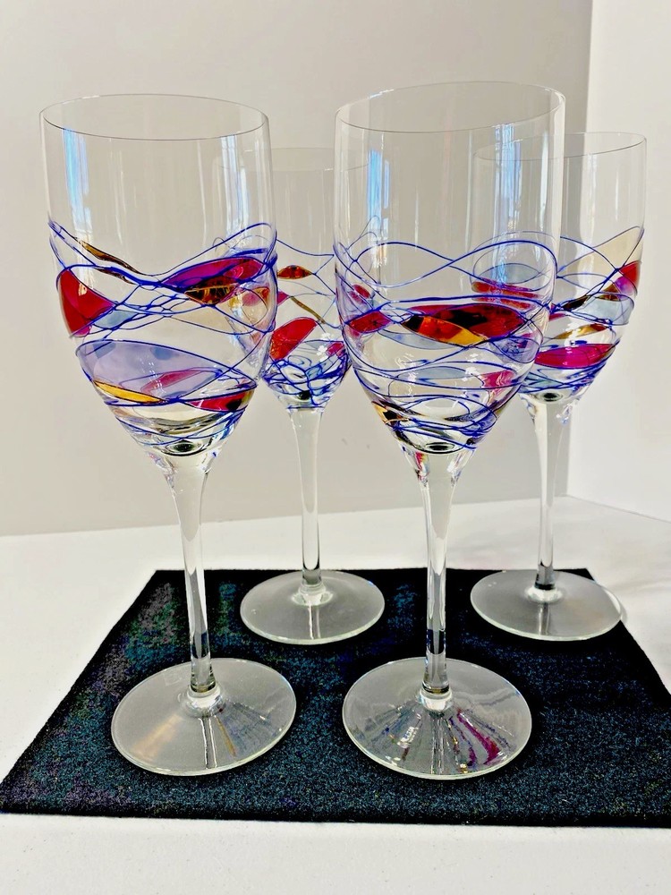 Milano Luminescence (4) Wine/Water Crystal Glasses 24K Romanian Hand Blown