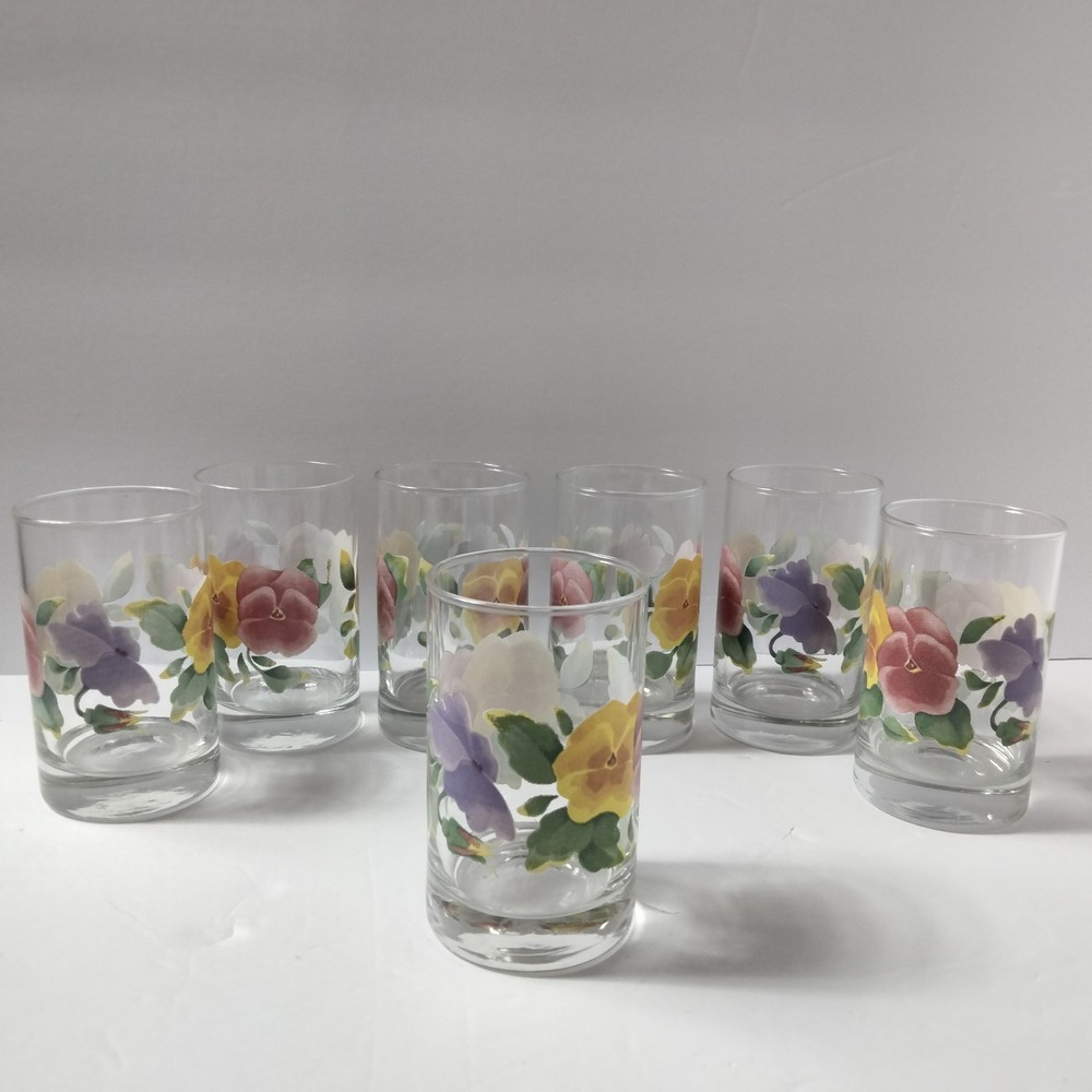 Corelle «Summer Blush» juice glasses floral pattern yellow, pink, purple pansies
