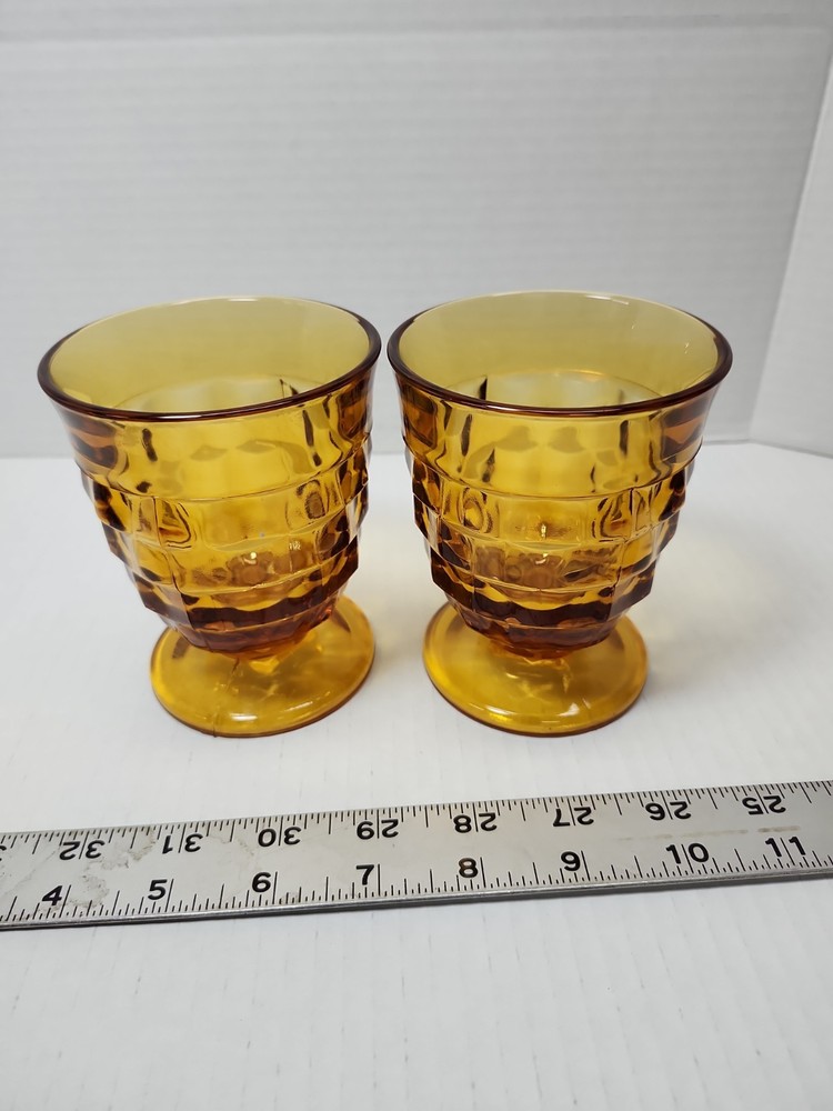 Indiana Glass Whitehall Amber Cubist Footed Drinking Glasses Set of 2 – 12 oz.