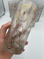 Libbey Frosted Gold Lace Floral Swirl Handpainted Tall Glasses Set of 6