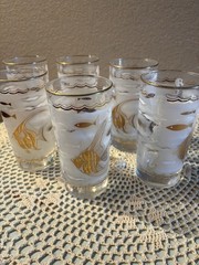 6 Libbey MARINE LIFE Glasses Fish Seahorse Gold Aqua 1950s MCM Cocktail