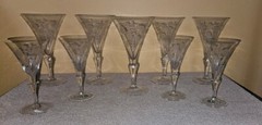 Hand Blown Crystal Water Goblets Sherbert Glasses Etched Floral Design Set 9 HTF