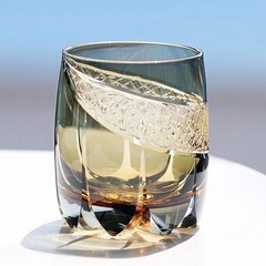 Edo Kiriko Hand Cut To Clear Amber Gray Whiskey Glass 12oz Crystal Tumbler