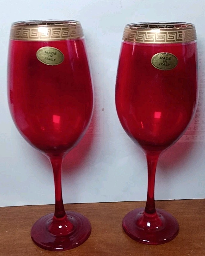Set of 2 Ruby Red Wine Glasses Gold Greek Key Rim Made in Italy 10.5”