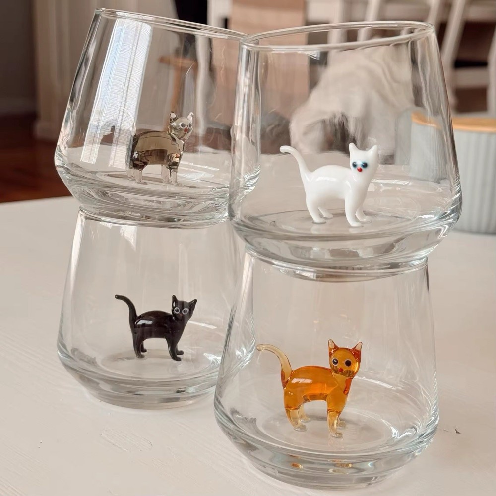 3D Drinking Glass Cup with Handmade Blown Glass Cat Figurine Inside, Stemless
