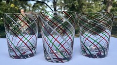 3 Crate & Barrel Mint 16 Oz Clear Red Green Swirled Double Old Fashioned Glasses