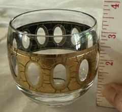 Culver Piza Roly Poly Glasses Set 8 Gold MCM Barware w Antiqued Mirrored Tray